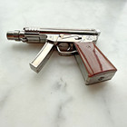 Vintage Submachine Gun Butane Refillable Lighter  Silver Tone With Brown Grip