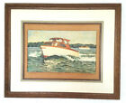 Rare Original Motor Boats Wood Cruiser Signed Painting Mid Century Vintage 1959 