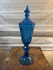 L e  Smith Glass Blue Diamond Covered Candy Dish Compote 1960s