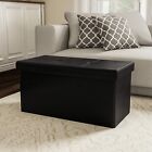 Black Storage Ottoman 30  Folding Faux Leather Footrest Linen Chest Or Bench