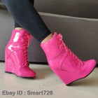 Women Ankle Boots Wedges Round Toe Lace Up Shiny High Heels Booties Shoes Woman