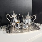 Wm Rogers 5 Pc Tea Set  1090 Silverplate Coffee   Tea Pot Lg Tray Sugar Creamer