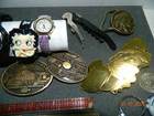 Vtg Junk Drawer Lot Watches Buckles Lighter Scissors Coins Slide Rule  Brass
