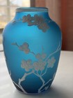 Vtg Blue Satin Glass Cherry Blossom Vase  5  Tall  Mint
