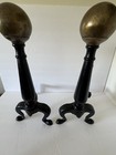 Vintage Cannonball Andiron Fire Dogs Brass Cast Iron Mcm Mid Century Fireplace