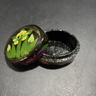 Vintage Hand Painted Lacquer Floral Trinket Box Small Round Black Jewelry Box