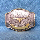 Western Longhorn Trophy Belt Buckle Ribbon Rope Edge Cowboy Vtg Nocona    nox801