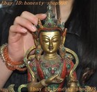 Old Tibetan Buddhism Bronze Gilt Inlay Turquoise Gem Green Tara Buddha Statue