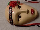 Women Vintage Handmade Art Ceramic Painted Wall Mask Lady Face   Red Rose Flower