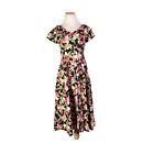 Vintage 1980s Malihini Hawaii Size 10 Black Floral Dress Orchids V-waist