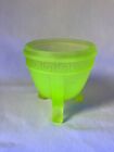 Antique Uranium Glass Yellow Green 3 Footed Powder Jar Flower Frog Base  as Is 