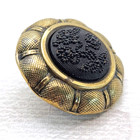 Antique Black Glass In Metal Button   Relief Glass Floral W  Brass Border   1 