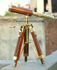 Nautical Brass Antique Leather Telescope Wooden Tripod Collectible Marine Scope 