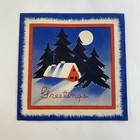 Vintage Early Mid Century Christmas Greeting Card Red House Under Bright Moon