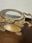 Vintage Ormolu Gold Filigree Jewelry trinket Box  Beveled Glass  Footed Carriage