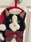 Vintage Needlepoint Black Cat Christmas Stocking With Bell Green Eyes Stunning