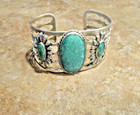 Extra Scarce     Wide Old Pawn Navajo Sterling Turquoise Floral Design Bracelet