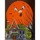 Vintage Halloween Card Haunted House Black Cat Skeleton Pumpkin Moon Bats