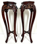 Vintage Chinese Carved Rosewood Marble Top Tall Stand Table  A Pair