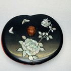 Vintage Japanese Inlaid Mother Of Pearl Lacquer Peach Shaped Box W nut Look Lid