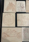 Set Of 8 Vintage Wood Burning Plaques Ungar Original Box Horse Roadster Boat