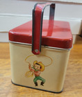 Vtg 1940 s Western Themed Tin Lunch Pail   Candy Tin 6 5 X 4 X 4  Great Shape 