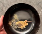 Antique Japanese Urushi Lacquer Plate Gold Maki-e Heron Pine Wooden Taisho