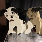 2 Vintage Folk Art Wooden Dog Door Stop  He Got Lonely  Adam N Eve 