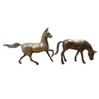 Vintage Brass Horse Figurines Pair Prancing Stallion   Grazing Mare Mcm Decor