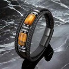 Men s Tiger Eye Stainless Steel Leather Braided Bracelet Magnetic Clasp Bangle