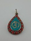 Genuine Coral Turquoise Om Mantra Pendant From Nepal Silver Tone Metal