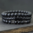 3pcs Men Bracelet Set Leather   8mm Onyx Tiger Eye Stone Magnetic Clasp