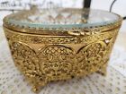 Vtg Gold Gilt Ormolu Filigree Beveled Glass Dresser Box Vanity Jewelry Casket 