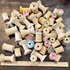 Vintage Lot Of 62 Empty Wooden Sewing Thread Spools Crafts Various Sizes Labels