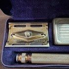 Vintage Gillette Pocket Edition Safety Razor In Original Leather Case Gold Tone