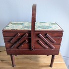 Vintage Wooden Accordion cantilever Style Sewing Basket box With Tapestry Lid