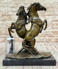 Signed Original 2 Wild Stallion Bronze Marble Statue Marble Base Sculpture Art