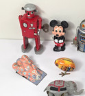 Vintage Wind Up Toy Lot Of 9 Tin Robots Santa Tricycle Mickey Mouse Animals