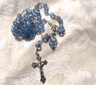 Vintage Rosary Large Iridescent Faceted Glassblue Beads Sterling Silver Crucifix