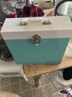 Vtg Vinyl Record Metal Carrying Case Teal   Grey W  Clear Handle  capacity 30 