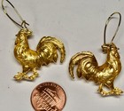  Raw Brass Rooster Chicken Bird Farm Animals Pierced Earrings     1 25 Inch