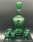 Vintage Italian Green Glass Decanter Set Stopper 5 Cordial Glasses Bar