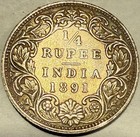 British India Queen Victoria Silver 1 4 Rupee 1891 - Km-490 - High Grade Beauty 