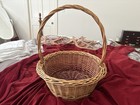 Large Vintage 14  Round Gathering Basket W  Handle Wicker Woven Cane Reed Basket
