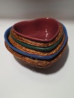 Three Heart Shaped Ceramic Stackable Bowls In Wicker Baskets Blue Green Red