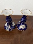 Vintage Blue Cobalt Porcelain Candle Holders Pair Gold Trim Czech Republic