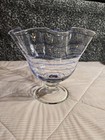Vintage Hand Blown Art Glass Pedestal Bowl Clear With Cobalt Swirls