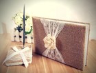 Rustic Wedding Guest Book Made Of Burlap And Lace Includes Burlap Pen Holder And
