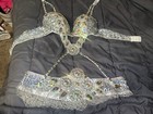 Women   s Silver Rhinestone Belly Dance Bra Belt Costume Set  Embellished Satin