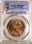 Pcgs Ms-64 Red-bn Great Britain 1 Penny 1862  rare This Nice  